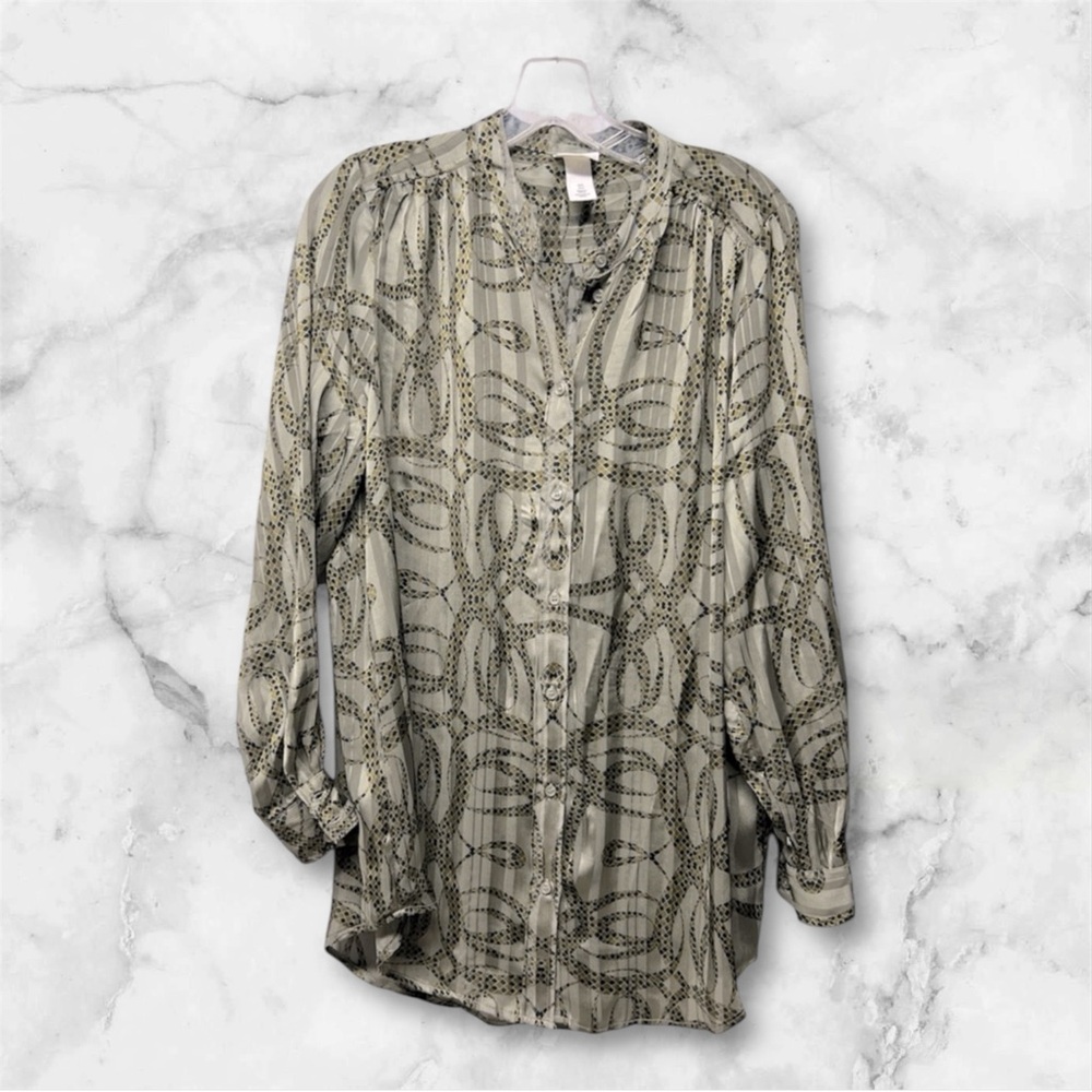 Richard Allen x H&M silky green button down shirt printed sz 8 sheer blouse